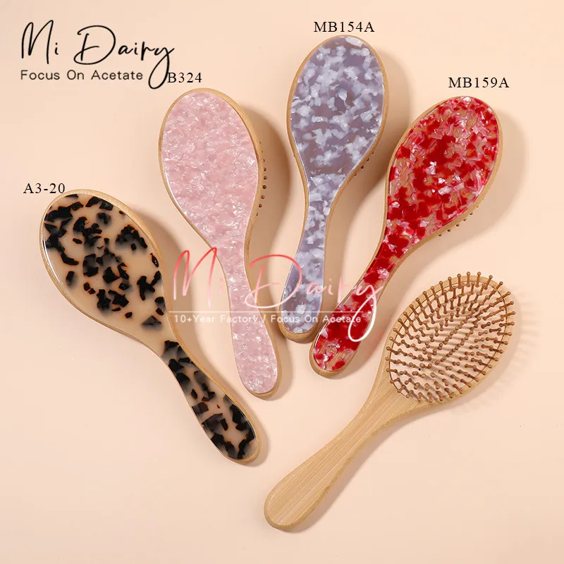 MiDairy CUSTOM LOGO Hair Brush and Comb Natural Bamboo Air Bag Wooden Acetate Accessories Hairbrush Soft Goat Bristles Custom
