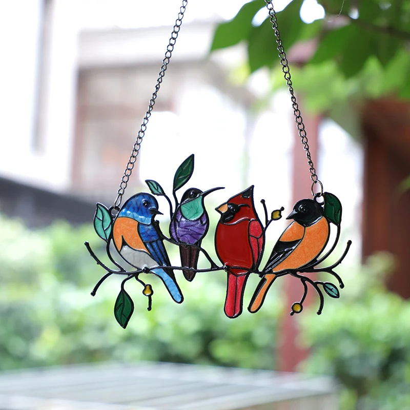 Multicolor Birds On A Wire Stained Glass Bird Suncatcher Window ...