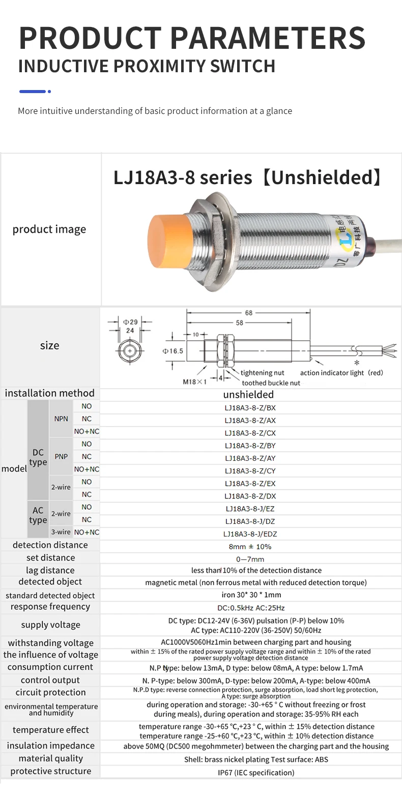 M18 Proximity Switch Sensor Lj18a3-8-z/bx Three Wire 24v Metal ...