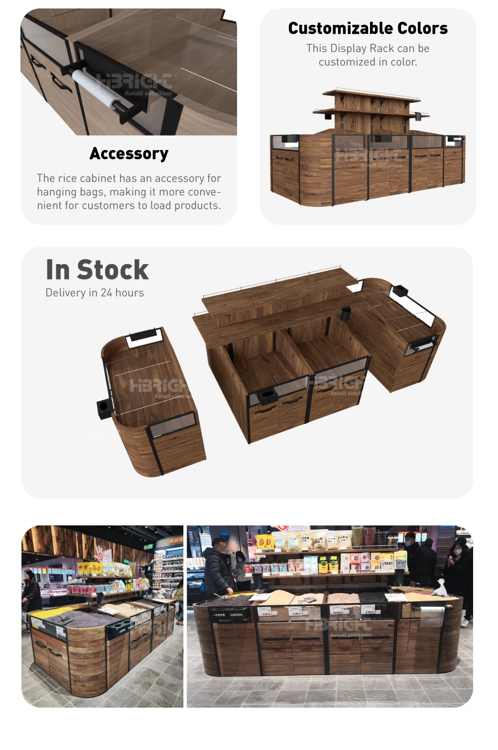 Display Rack For Chicken Rice High-Capacity Wooden Steel Display Rack Supermarket Rice Cabinet ...
