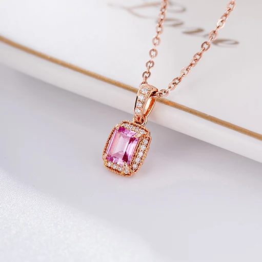 Hot Sale Natural Rectangle Pink Sapphire Classic Pendants Necklace 18k  Gold Chain Pendant Women Fashion Diamond Jewelry