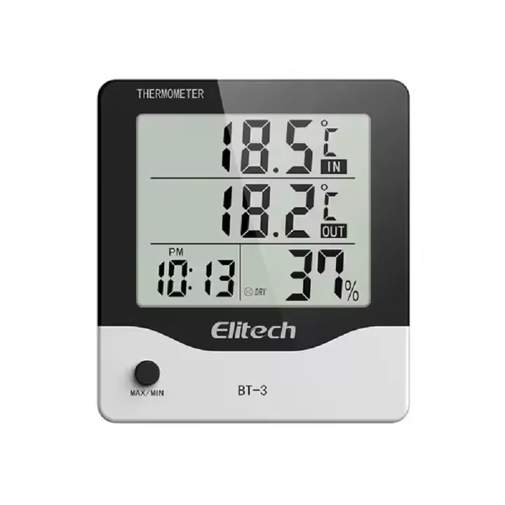 Elitech BT-3 Digital Hygrometer Thermometer Large LCD Display Min/Max Value Clock Indoor/Outdoor Plastic OEM Customizable