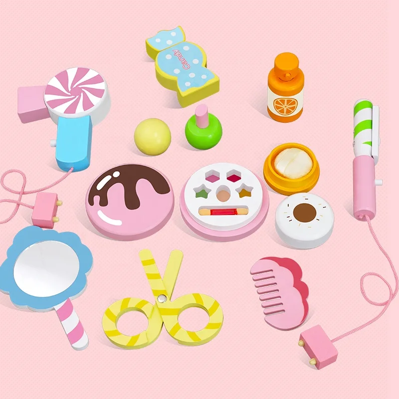 Pretend Vanity Play Set Dressing Table Dresser Wooden Toy Makeup Vanity Table with Mirror