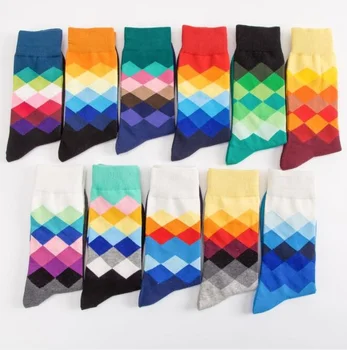 11 colors grid High quality custom logo custom crazy private label men 100% cotton socks