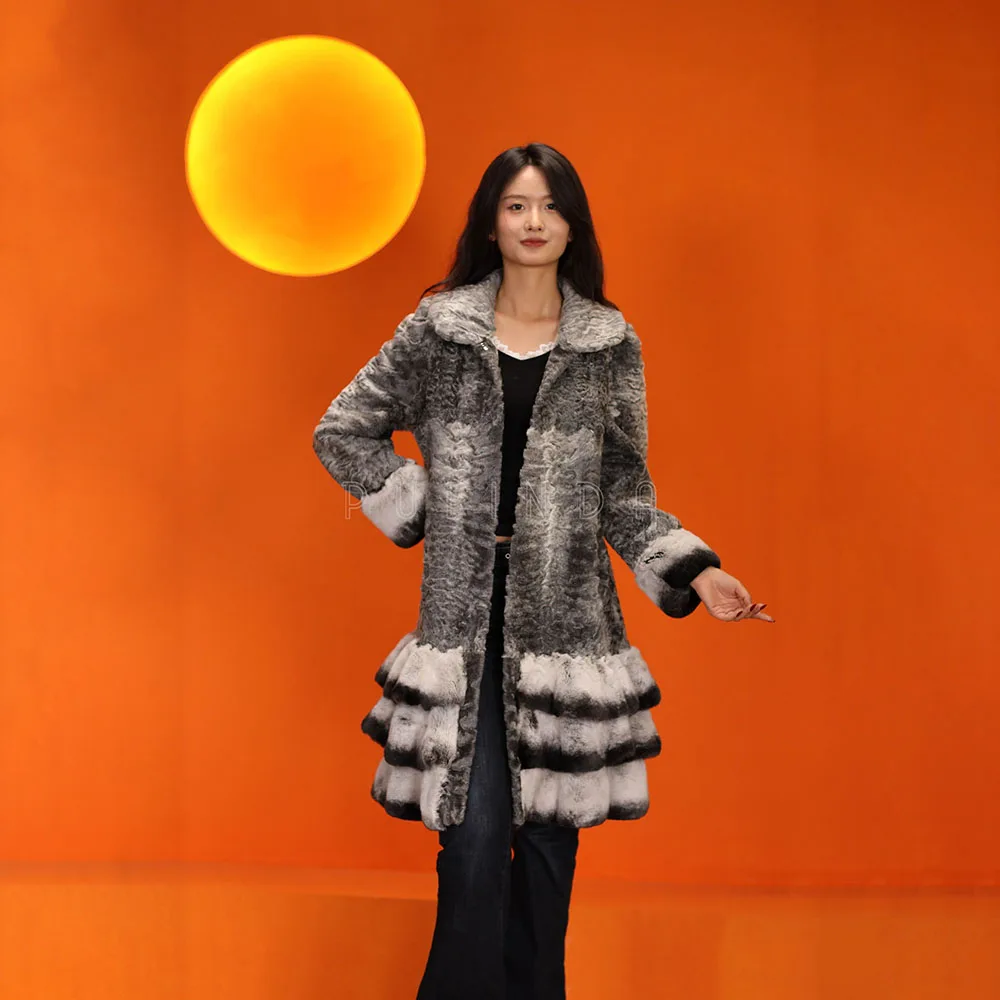 Elegant Women's Fur Coat - Slim Karakul Sheep with Rex Rabbit Leather