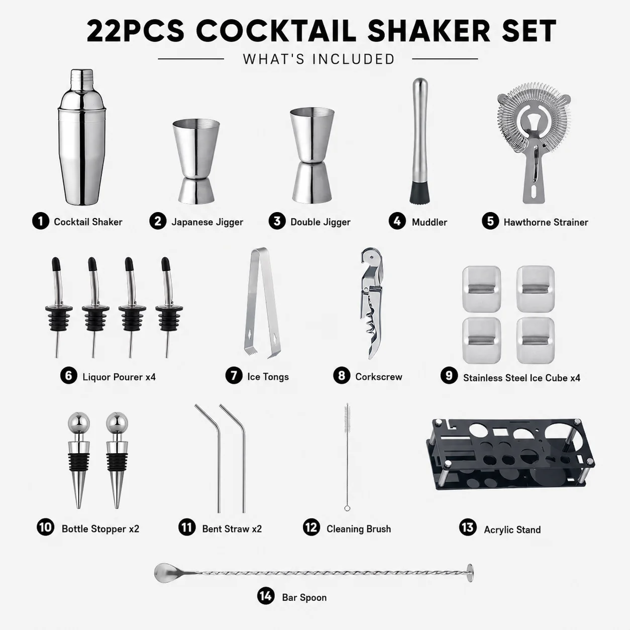 ODM OEM Custom Logo 22 Piece Bartender Kit 700ml Cocktail Shaker Set Stainless Steel Barware Tools With Acrylic Display Stand