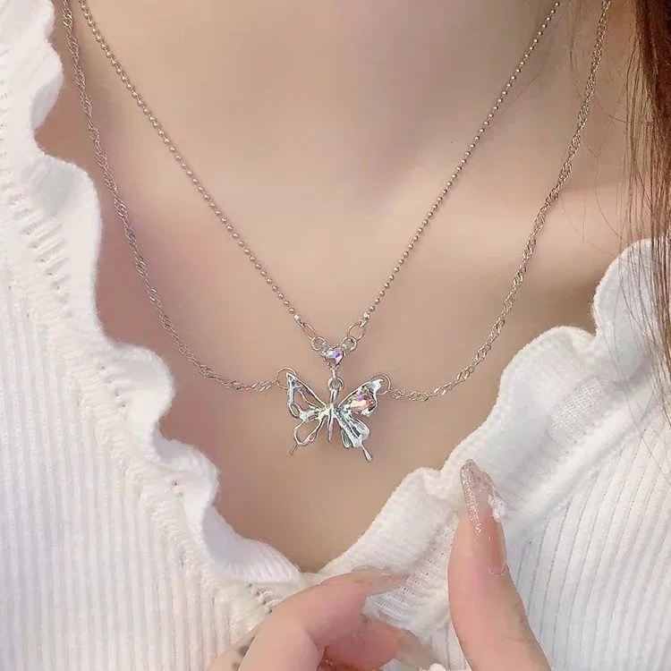 Y2K Crystal Butterfly Pendant Necklace - Punk Grunge Fashion