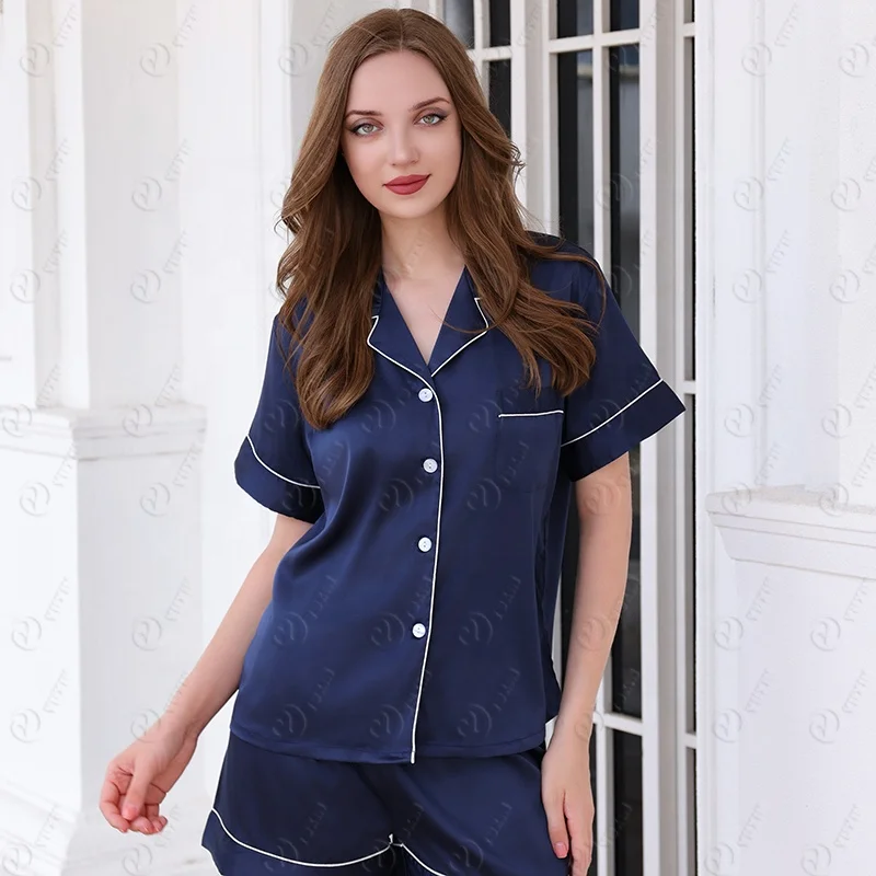 Short Sleeve Navy Blue Satin Pajama Set Bras N Things Liquid Satin