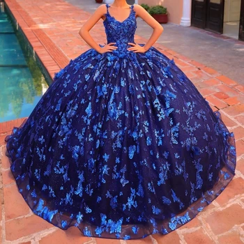 Sparkling Navy Blue Off-the-Shoulder Beaded Embroidered Sweet 15 Quinceanera Ball Gown DP7923