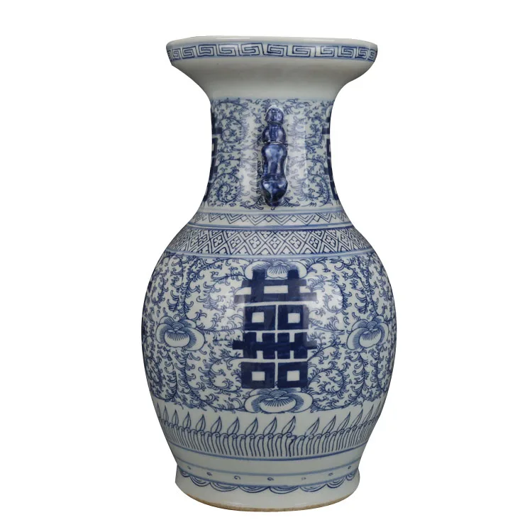Wholesale Chinese Antique Ceramic  Chinoiserie Vase for Home Decor Hot Selling Double Happiness Lotus Pattern Double Ear Vase