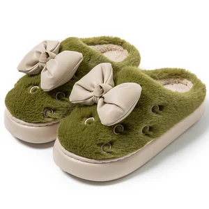 Women's New Fashion Bowknot Style Indoor Winter for Slippers Stylish Closed-Toe Design Plush Soft Anti-Slippery Thick  Slippers