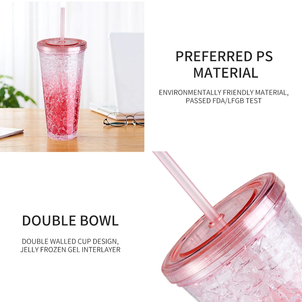 Многоразовые 21 унция/600 мл пластиковые чашки для ледяного геля с крышкой из соломы и прозрачной акриловой кружкой