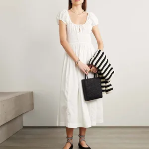 Clothing Manufacturers Custom Spring Summer Autumn Short Sleeve Tie-detail Shirred Elastic Waist Poplin Midi Dress