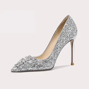 Luxury Dress Shoes Silver Glitter Pointed Toe Sexy and Elegant High-heeled Bridal Wedding Shoes
