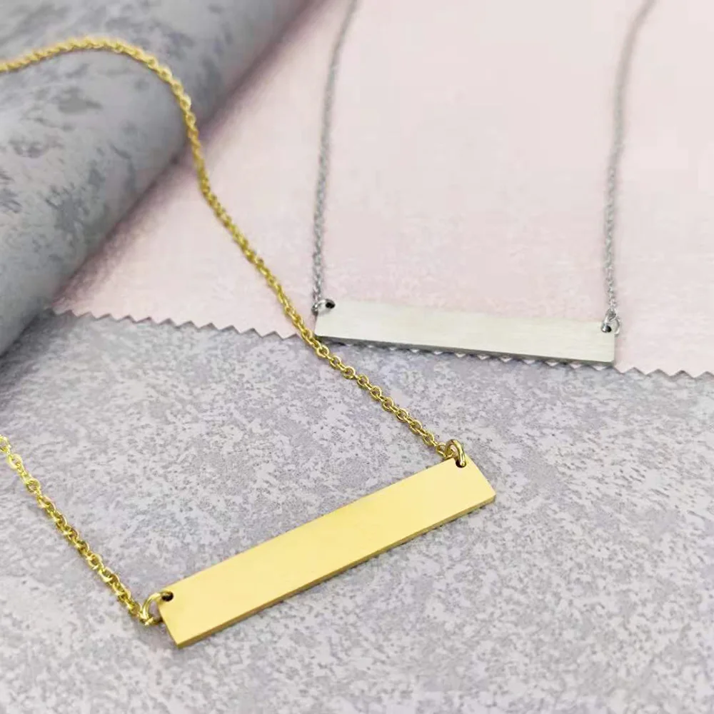 New Fashion Gold Silver Blank Rectangle Charm Stainless Steel Horizontal  Bar Pendant Necklace for Women Men DIY Jewelry