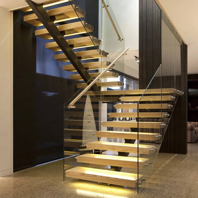 Factory Price LED Lights Stairs Mono Stringer Straight Open Riser Staircase Floating Stair Kits