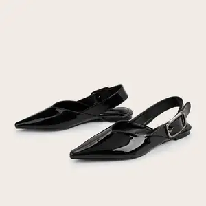 BUSY GIRL CXX185 Black Slingback Flats Sandals for Women Wine Red Patent Leather Pointed Toe Buckle Strap Leopard Print Suede