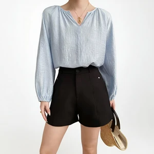 Custom Women's Blue V-neck Lantern Sleeve Blouse