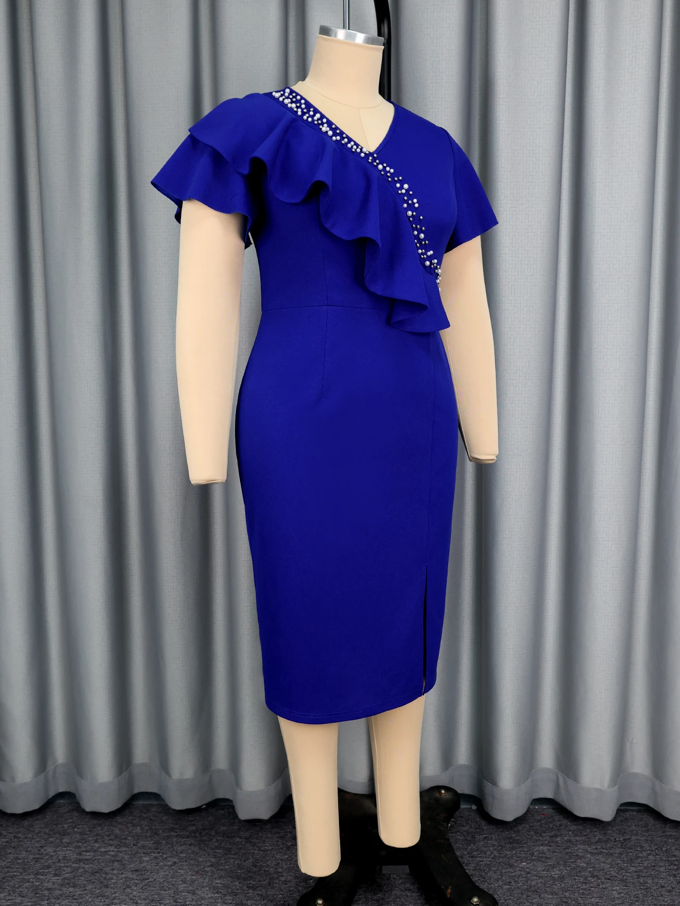 AM050737 Blue Bodycon Midi Dress - Elegant V Neck & Ruffles