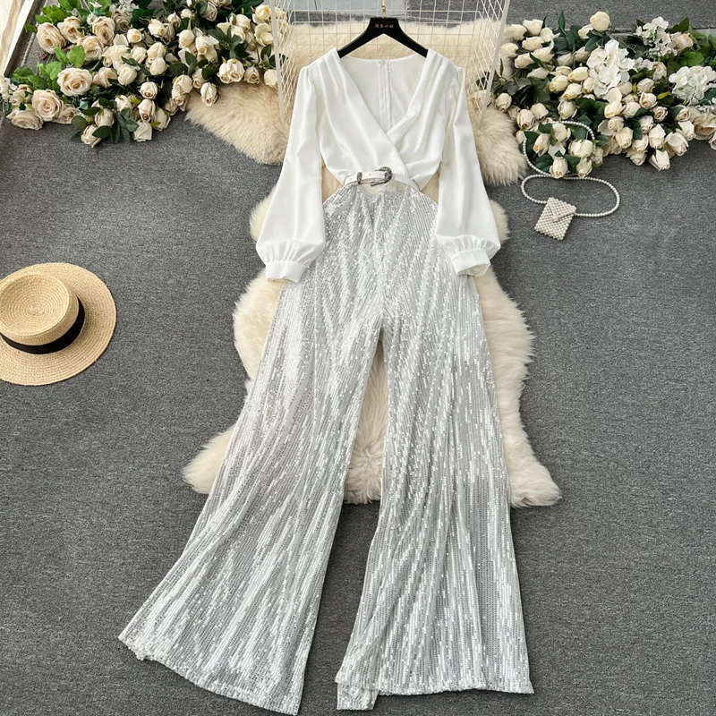 Sequin Collar Long Sleeve Silver Jumpsuit Silver Sequin Collar