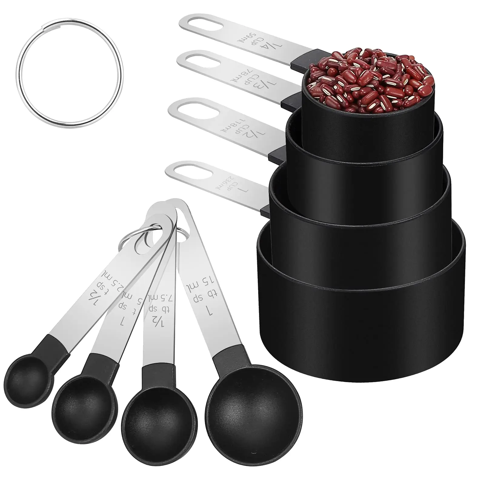 8pc Set Measuring Kit 1/4-cup, 1/3-cup, 1/2-cup, 1-cup and Spoons 2.5ml,  5ml, 7.5ml, 15ml Stainless Steel Handle Scoop for Baking Cooking 