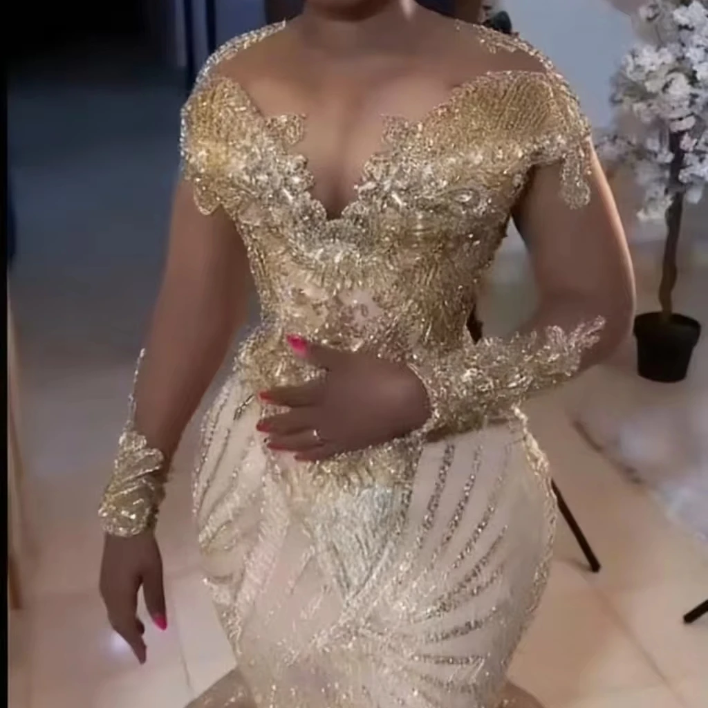 S0047y Women's Luxury Gold Beaded Mermaid Evening Gown With Illusion Neckline & Long Sleeves Wedding Dress