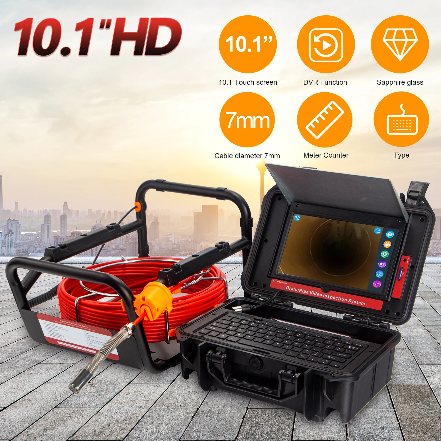 Sewer Inspection Camera 512HZ Sonde/Transmitter+Locator/Receiver, Drain Camera with 10.1 Inch 1080P Touch Screen Meter Counter 16GB Audio+Video for Pipes Inspections