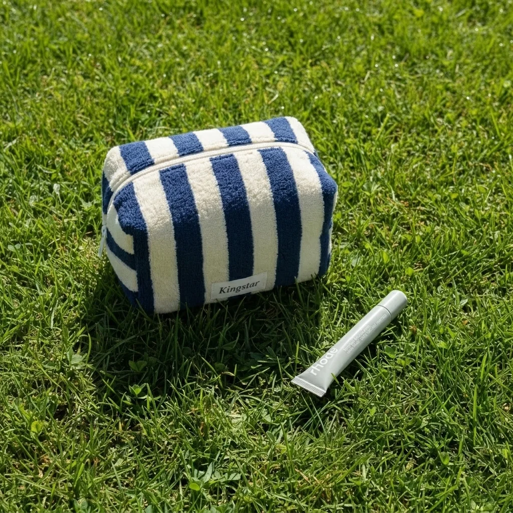 2026 Trending Navy & White Striped Terry Cloth Makeup Bag Portable Travel Toiletry Pouch for Beach & Vacation Essentials