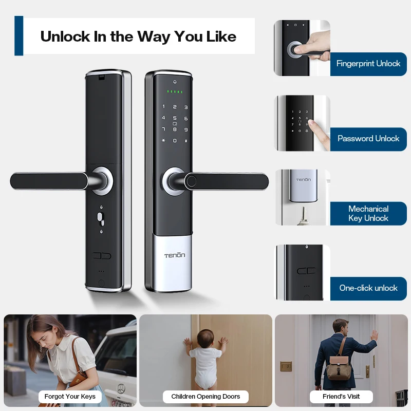 Tenon Home Smart Lock Tuya Intelligent Door Handle Biometric Fingerprint RFID Card Reader Aluminum Electronic Keyless Digital