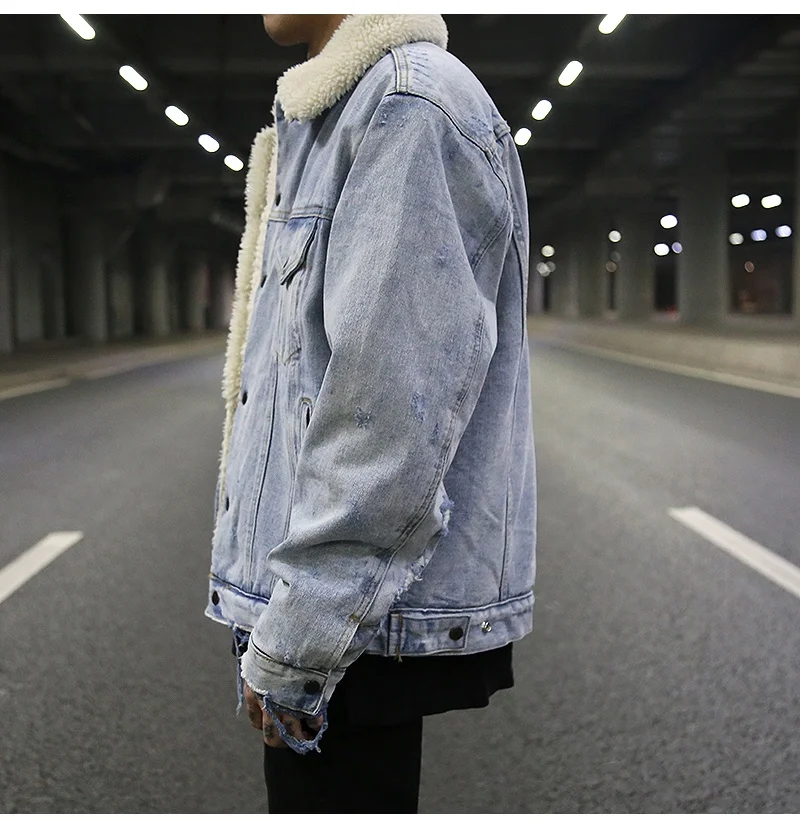 OEM Private Label Men Custom Stock Dropshipping  Blue Distressed Sharpe Mens Denim Jacket