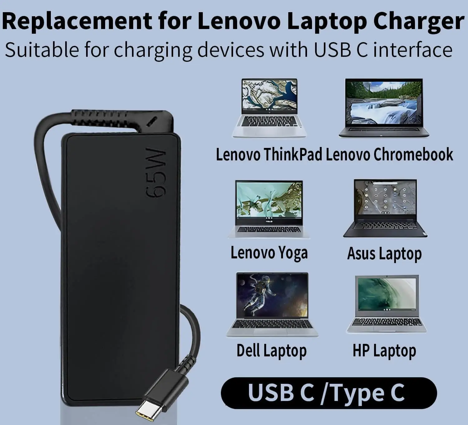 Nuovo caricabatterie per laptop da 65 W USB C per Lenovo