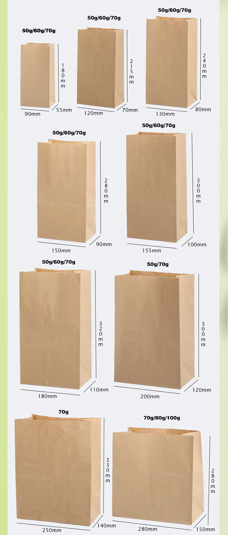 Wholesale Custom Size Oil Proof Brown Kraft Snack Paper Packing Bags