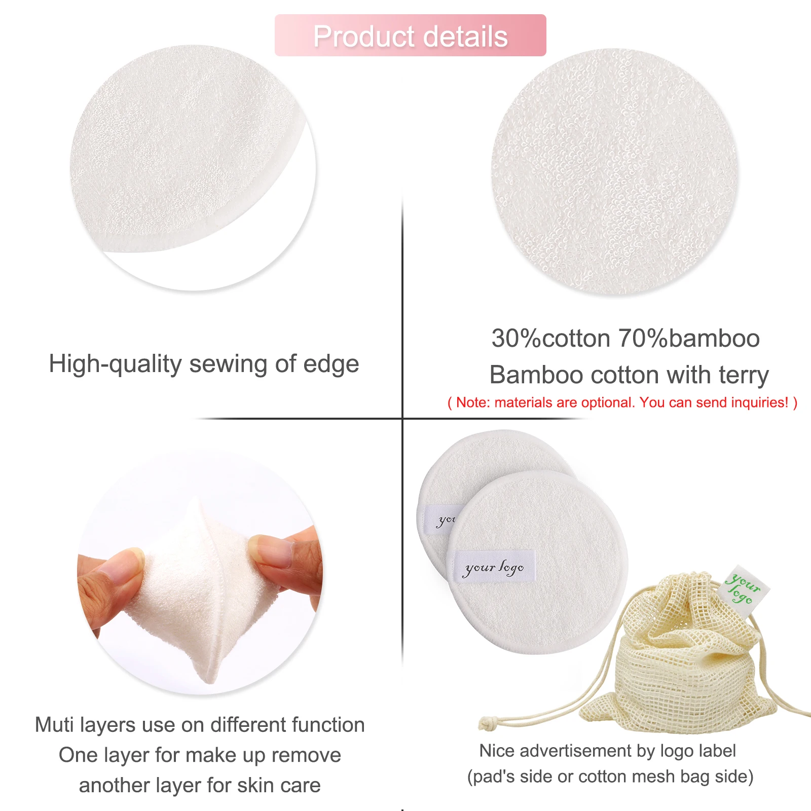 Натуральные многоразовые разлагаемые безопасные мягкие прокладки для снятия макияжа