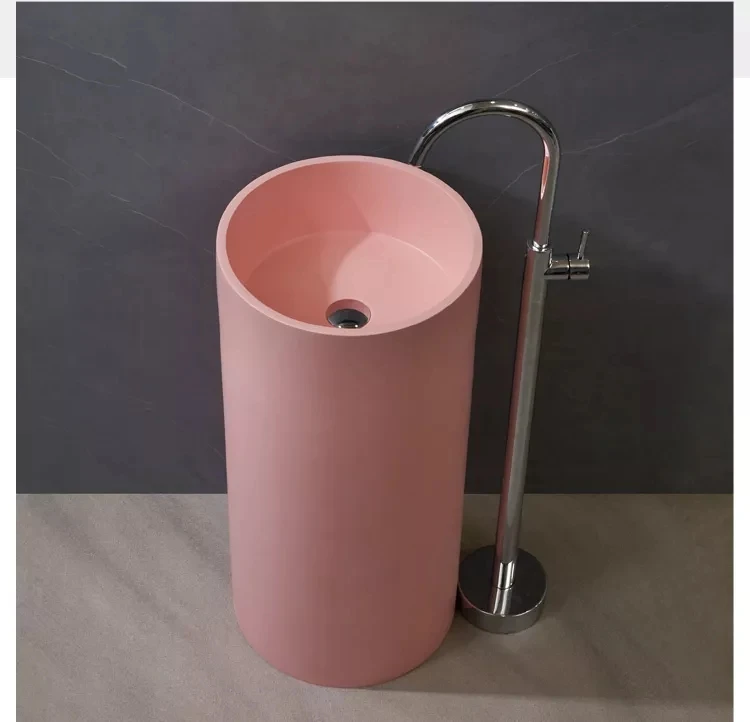 Marble white artificial stone cylindrical round one piece bathroom sink freestanding pedestal hand wash basin supplier