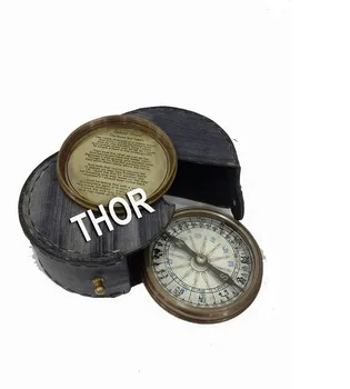 Antique 3-Inch Brass Compass with Black-Leather Box 1917 Nautical Marine Directional Pocket Compass w/Lid
