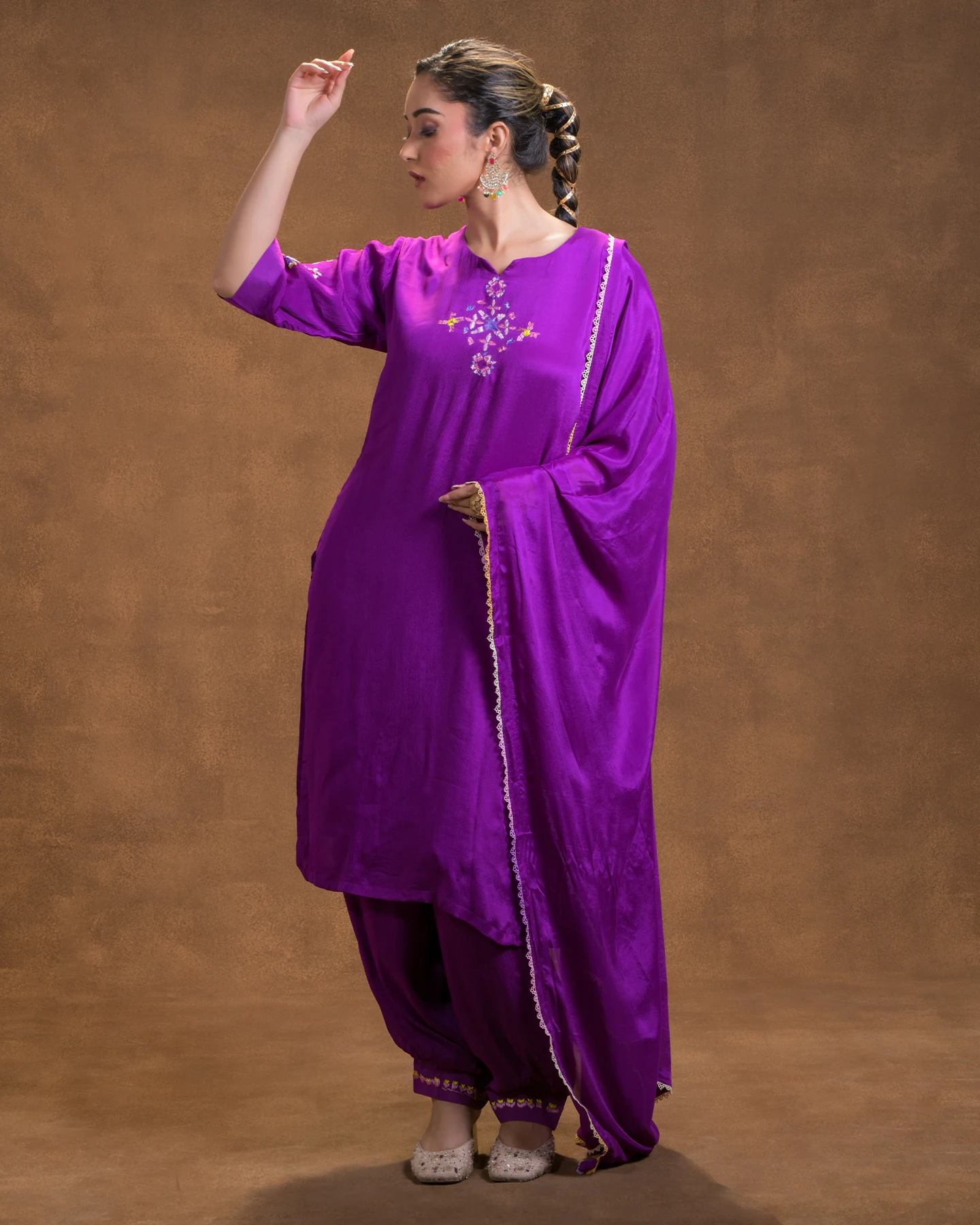 Designer Suit with Dupatta Hand Embroidery Salwar Kameez Style Women Suit Handwork Phulkari Design Pure Chinon Fabric Full Suit