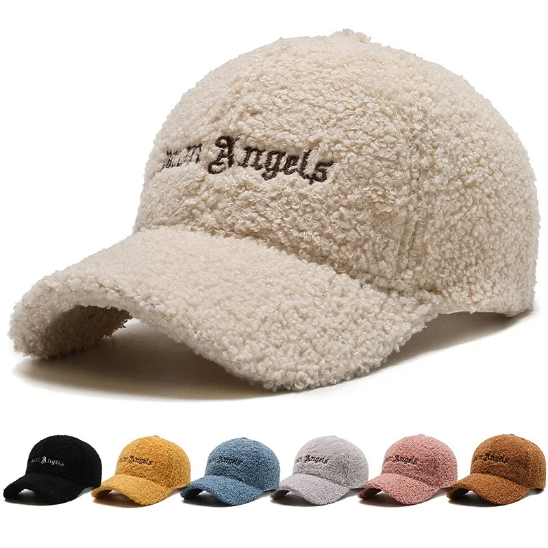 Custom embroidered winter sports caps for men women plain warm lamb wool furry baseball cap