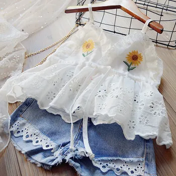 2021 Summer Children Clothing Sets Embroidery Flower Lace Sleeveless Sling T Shirt Jeans 2PCS Suit Korean Kids Baby Girl Clothes