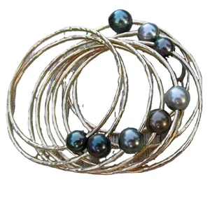 Customized Natural Tahitian Pearl Bangle Gold Hammered Bracelet Hawaii Beach Bangle