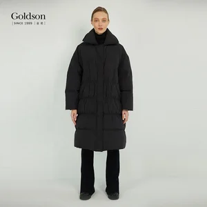 Women's Winter Duck Coat Slender Beam Waist Long Fashionable Waterproof Breathable Button Decoration Polyester for Office Lady