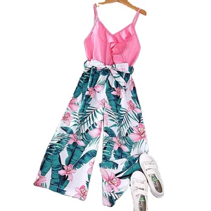 2023 Boho Kids Boutique Clothing Summer New European and American Flowers Leaves Printed Lace Romper Wholesale Girls Jumpsuits