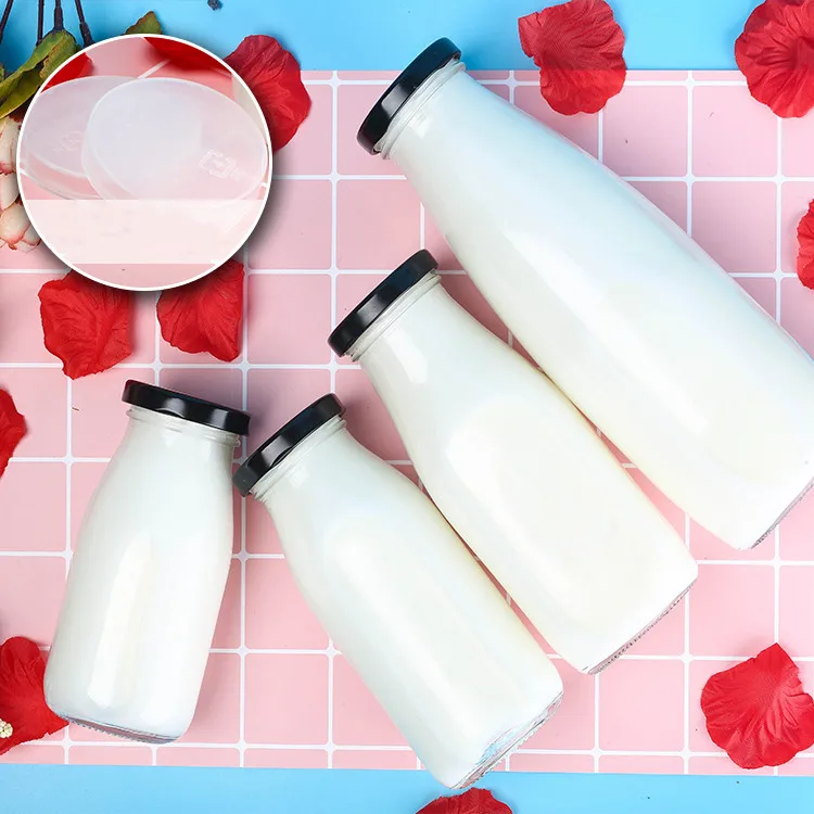 Customized 200ml 250ml 500ml 1000ml clear Round Glass Milk Bottle With Metal Cap