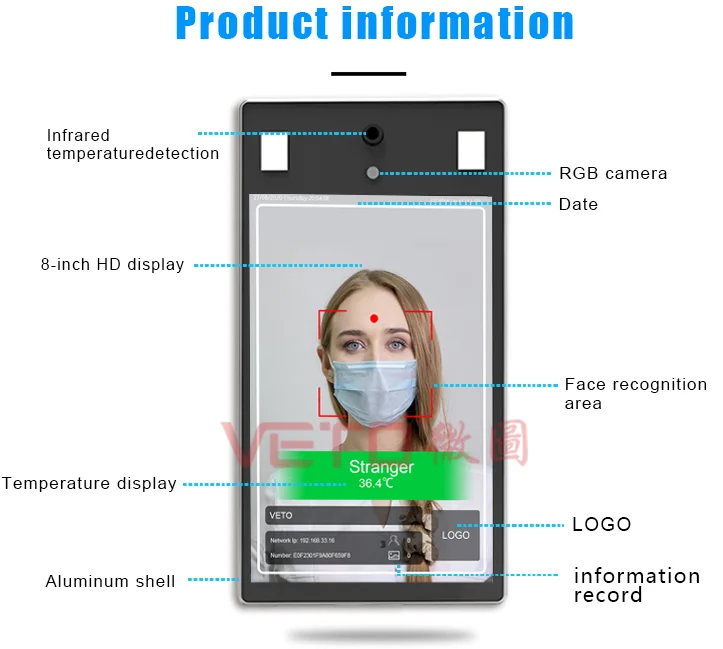 Système d'instruments de test de la température corporelle, 8 pouces, 10 pièces, reconnaissance faciale, avec caméra thermique, thermomètre
