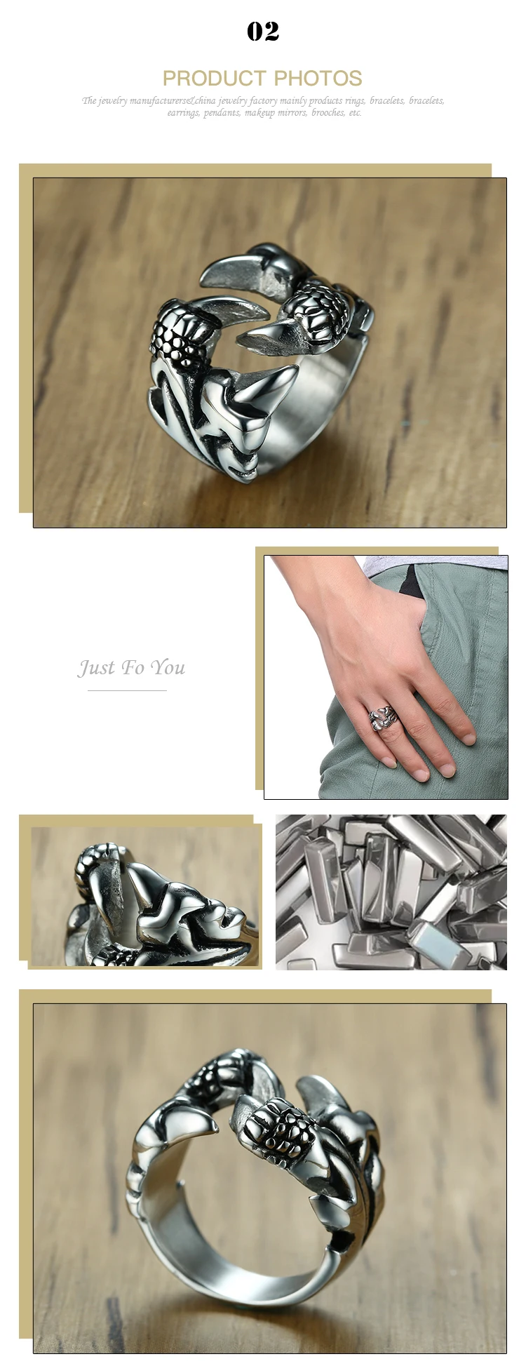 New Product Wholesale 12MM Vintage Dragon Claw Ring Stainless Steel Claw Casting Men's Ring RC-391