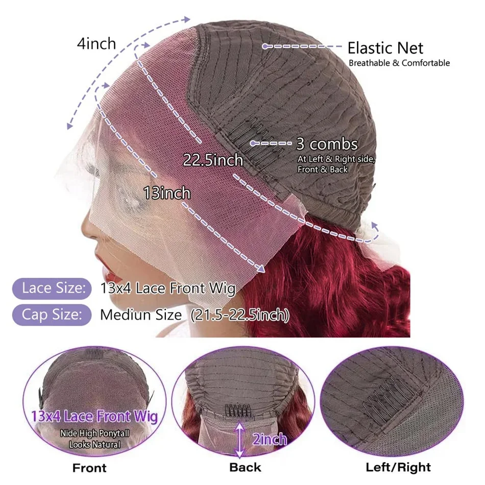 Burgunderrote Body Wave Lace Front Perücken Echthaar 13x4 HD Lace Weinrote Perücke 24 Zoll 180% Dichte 99j kleberlose Perücken_voghion.com