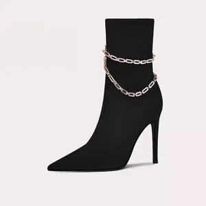 Pointed Toe Stylish Gold Metal Chain Short Boots Black Stilettos High Heel Booties for Women Winter Shoes