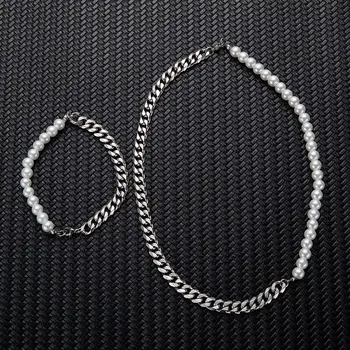 Vintage Mens Half Pearl Half Chain Necklace Bracelet Vintage Mens Half Pearl Half Chain Necklace Bracelet