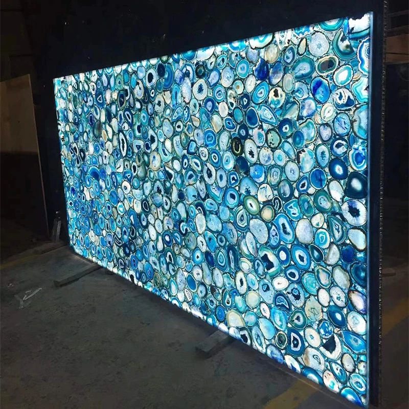 Natural Luxury LED Translucent Semi Precious Stone Backlit Blue Agate Bar Counter Top