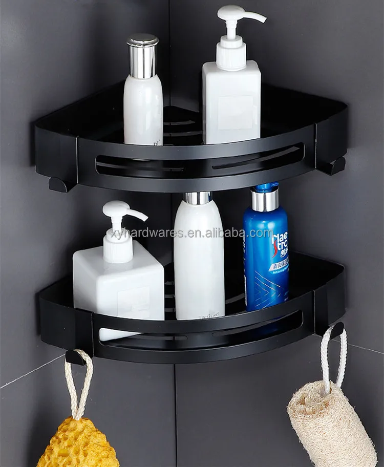 Stainless Steel Matt Black Bathroom Corner Basket Storage With Hooks