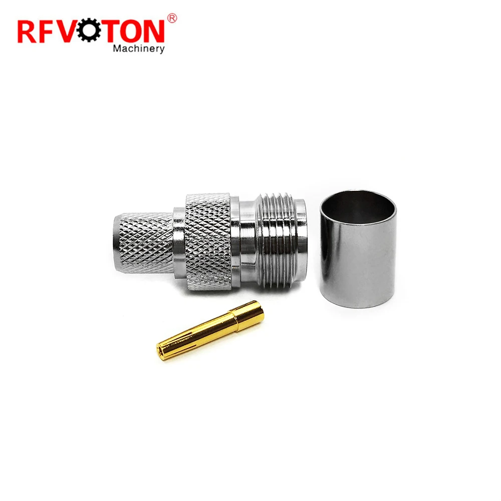 Connecteur RF N femelle fourni par l'usine : douille femelle, fixation par sertissage droit sur câble RG214, connecteurs coaxiaux RF, convertisseur coaxial